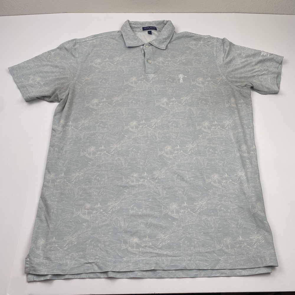 Peter Millar Polo Shirt Mens Large Blue Route 66 Scenic Print Stretch Golf
